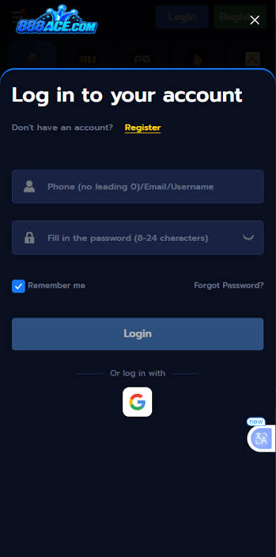 888ACE.COM Game login screen