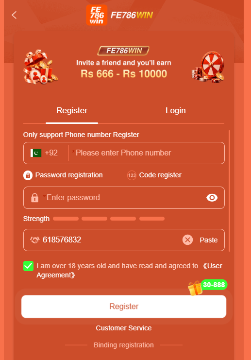 FE786WIN Game registration page