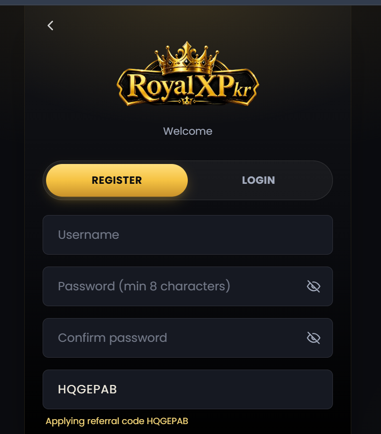 RoyalXPkr Game registration screen