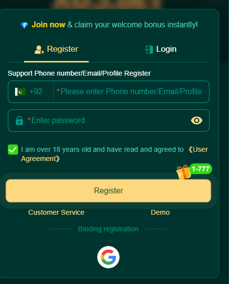 X03.BET Game registration page